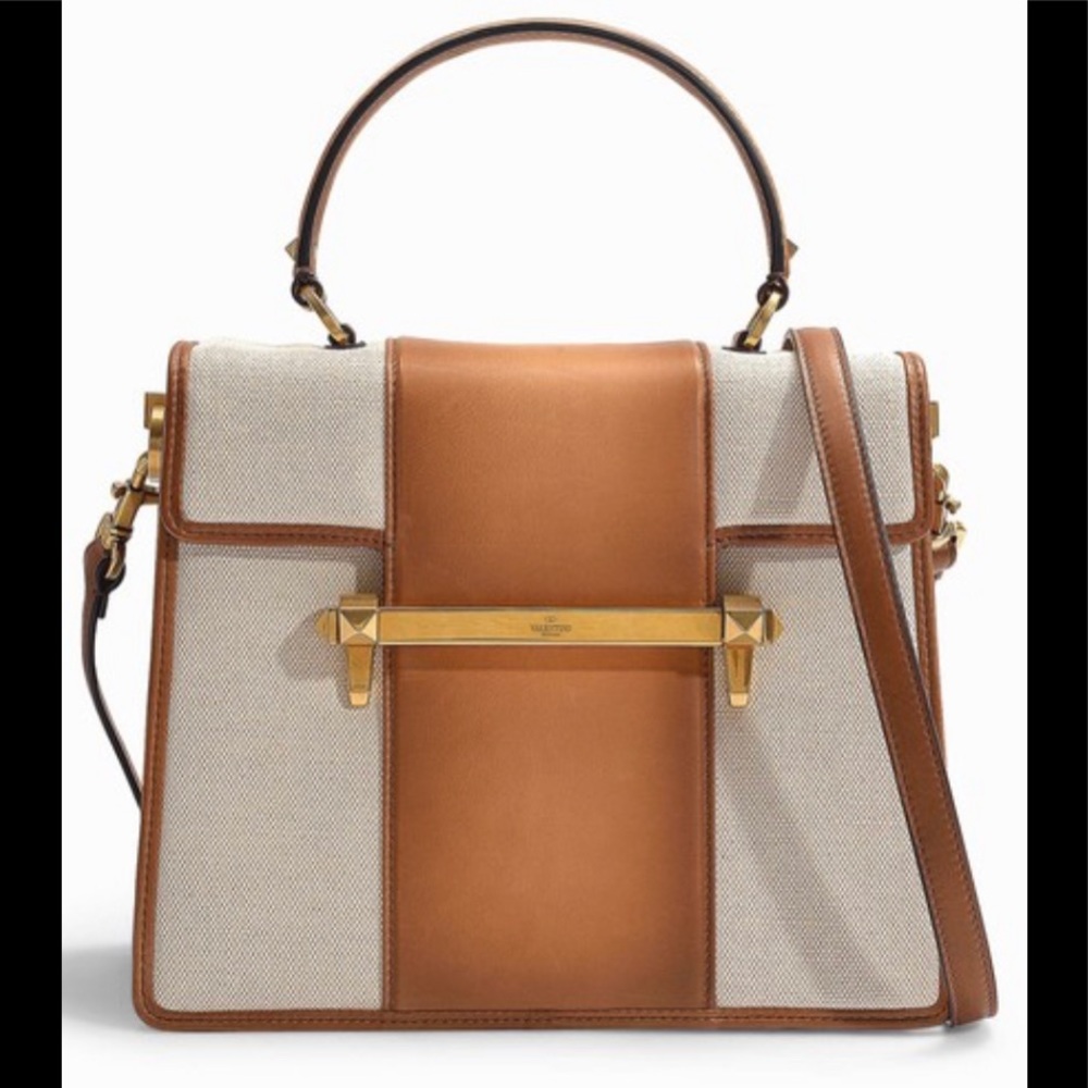 Medium Uptown Rockstud Brown Linen and
Burnished Calfskin Leather Tote